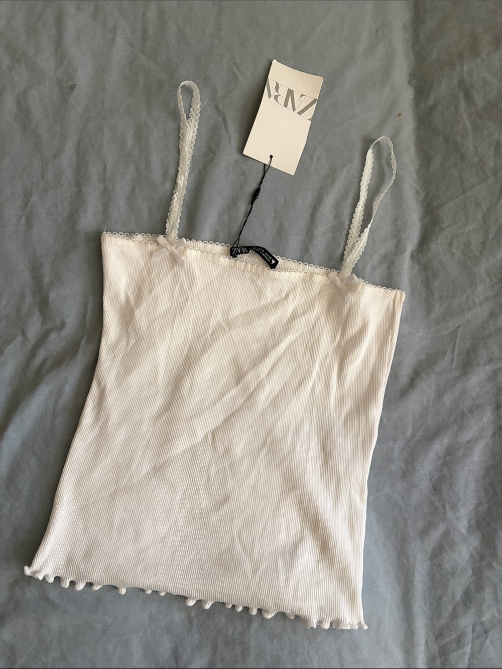 Zara Cream Ribbed Lace-Trim Camisole